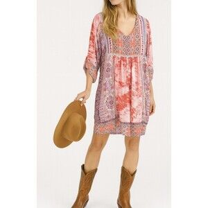Sundance One-Shoulder Boho Tunic Dress in Coral and Pink